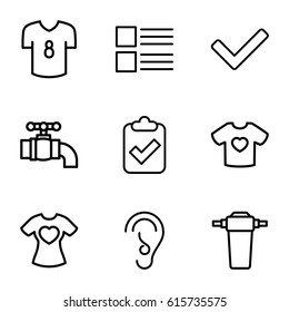 Graphics icons set. set of 9 graphics outline icons such as t-shirt with heart, ear, tap, tick, football t shirt, menu