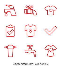 Graphics icons set. set of 9 graphics outline icons such as tap, t-shirt with heart, tick, football t shirt