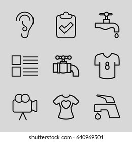 Graphics icons set. set of 9 graphics outline icons such as tap, t-shirt with heart, camera, ear, football t shirt, menu