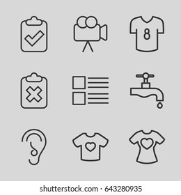Graphics icons set. set of 9 graphics outline icons such as tap, t-shirt with heart, camera, ear, football t shirt, menu, clipboard with tick
