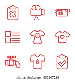 Graphics icons set. set of 9 graphics outline icons such as t-shirt with heart, camera, tap, football t shirt, menu, clipboard with tick