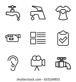 Graphics icons set. set of 9 graphics outline icons such as tap, t-shirt with heart, camera, ear, menu