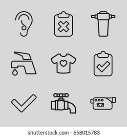 Graphics icons set. set of 9 graphics outline icons such as tap, t-shirt with heart, camera, ear, tick, clipboard with tick