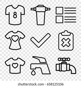 Graphics icons set. set of 9 graphics outline icons such as tap, t-shirt with heart, tick, football t shirt, menu