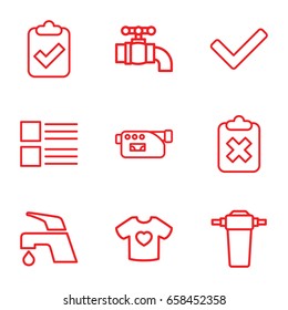 Graphics icons set. set of 9 graphics outline icons such as tap, t-shirt with heart, camera, tick, menu, clipboard with tick