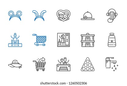 graphics icons set. Collection of graphics with tap, pool, shopping cart, oil paint, steam, audio guide, frame, ears. Editable and scalable graphics icons.