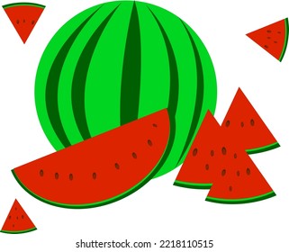 Graphics Illustration of a watermelon and its slices that appear bright red, ripe, perfect for desserts and juices