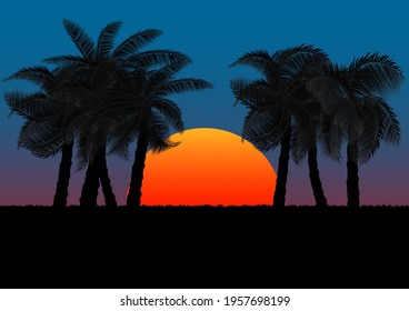 graphics image coconut tree with sunset or sunrise background orange and blue of sky vector illustration
