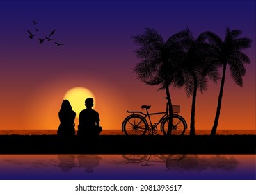 graphics image A couple man and women sitting look at sunset on the beach design vector illustration