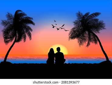 graphics image A couple man and women sitting look at sunset on the beach design vector illustration