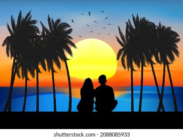 graphics image A couple man and women sitting look at sunset on the beach design vector illustration