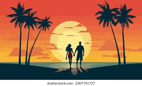 graphics image A couple man and women sitting look at sunset on the beach design. vector illustration