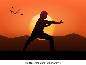 Graphics Image Drawing Tai Chi With Sunrise And Mountain Landscape View Outdoor Concept Exercise For Health Benefits On The Morning