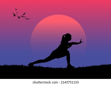 imagen gráfica dibujar tai chi con vista panorámica de la salida del sol ejercicio de concepto al aire libre para beneficios de salud por la mañana