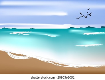 imagen gráfica vista de paisaje océano y naturaleza de arena con ilustración de vector cielo azul