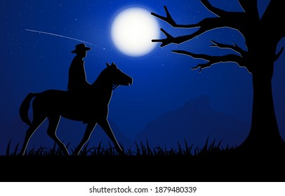 Grafik-Bild des Mannes reiten Pferd Silhouette-Dämmerung ist ein Mond zu Nacht mit Berg-Hintergrund, Design-Vektorgrafik 