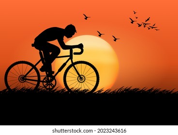 graphics image man riding a bicycle at evening with a sunset background and orange silhouette of sunset with dark grass on the ground vector illustration