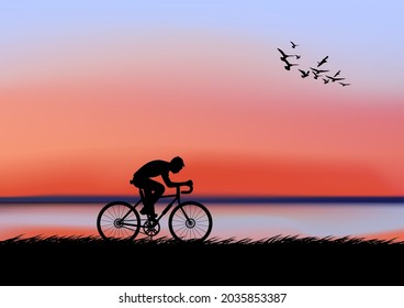 graphics image man riding a bicycle at evening with a sunset background and orange silhouette of sunset with dark grass on the ground vector illustration