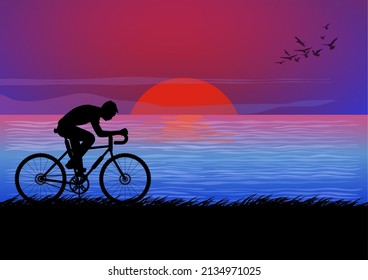 graphics image man riding a bicycle at evening with a sunset at sea  background ground vector illustration