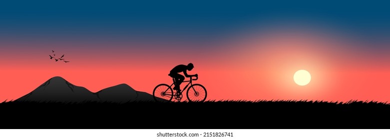 graphics image of man riding a bicycle in the evening with a sunset background and orange silhouette of sunset with dark grass on the ground vector illustration