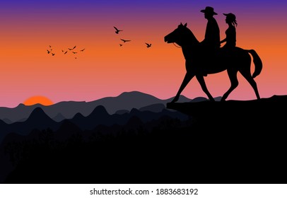 graphics image the man and women ride horse on mountain silhouette twilight is a sunset background, design vector illustration 