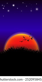Grafik Bild Sonnenuntergang und hellorange Silhouette des Sonnenuntergangs mit einem Vogel am Himmel
