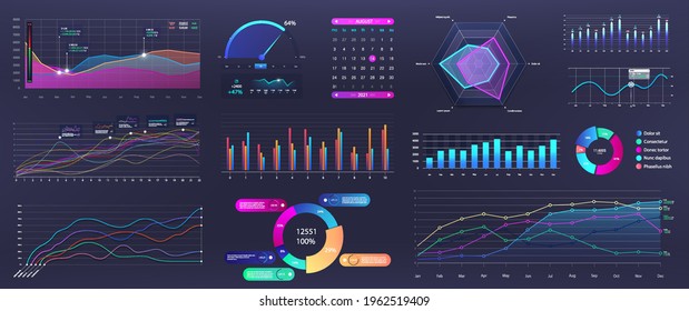 Graphics infographic, template dashboard with info elements - charts, diagrams, data analytics, infographic and online statistics. Vector Mockup panel with UI, UX, KIT design elements. Vector graphic