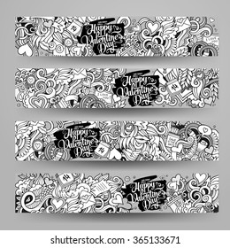 Graphics line art vector hand-drawn sketchy Love and Valentines Doodle. Horizontal banners design templates set