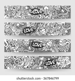 Graphics line art vector hand-drawn sketchy Love and Valentines Doodle. Horizontal banners design templates set