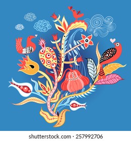 graphics little birds in love on the fabulous colors on a dark blue background 