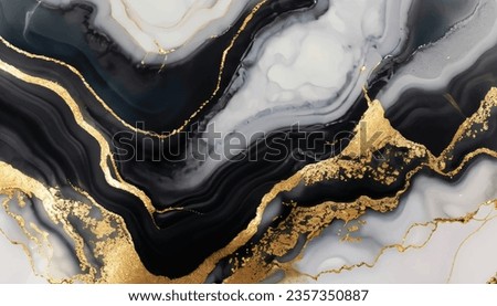 Graphics Luxury abstract fluid art painting in alcohol ink technique, mixture of black, gray and gold paints. Imitation of marble stone cut, glowing golden veins by Vector.