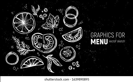 Graphics for the menu. Spices and vegetables. Hand drawing sketches