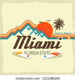 Graphics Miami for print. Surf badge with palms and American sun. Other tropical slogan on beach. Grunge paradise for girl vest or t shirt. Florida background. Vector illustration.