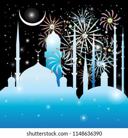 Graphics mosque and fireworks in the night sky