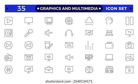 Conjunto de iconos de gráficos y multimedia. Conjunto de iconos de cine. Video Conjunto de cine, película, iconos, película de colección, TV. Paquete de caja de palomitas de maíz Gran carrete de película. Diseño gráfico, paquete creativo, estacionario, software.
