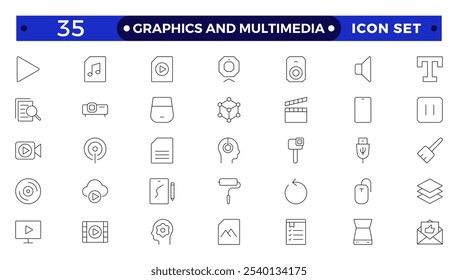 Conjunto de iconos de gráficos y multimedia. Conjunto de iconos de cine. Video Conjunto de cine, película, iconos, película de colección, TV. Paquete de caja de palomitas de maíz Gran carrete de película. Diseño gráfico, paquete creativo, estacionario, software.
