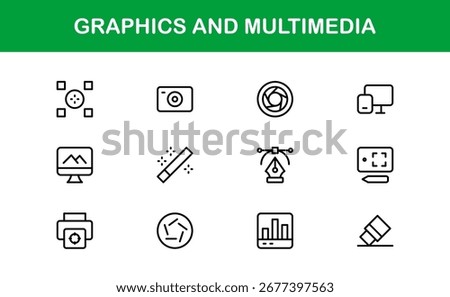 Graphics and Multimedia Professional Line Icon Set – Modern Vector Collection for Digital and Creative Projects