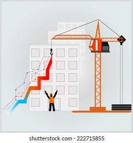 Graphics on background of houses and a construction crane