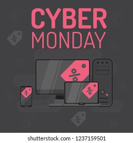 Graphics on cyber monday with a electronic icons. Vector illustration with black background.