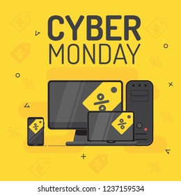 Graphics on cyber monday with a electronic icons. Vector illustration with yellow background.