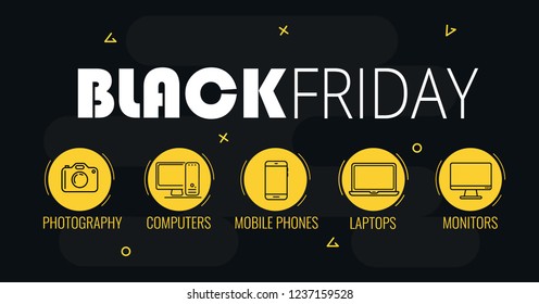 Graphics on cyber monday with a laptop icon. Vector illustration with black background.