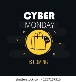Graphics on cyber monday with a shopping bag icon. Vector illustration with black background.
