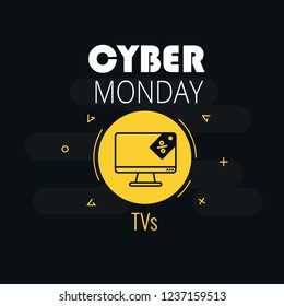 Graphics on cyber monday with a tv icon. Vector illustration with black background.
