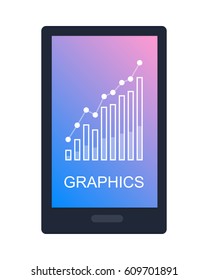 Graphics on isolated smartphone screen on white. Vector illustration of rising column chart showing progress in flat style. Icon of diagram with white point on top and inscription underneath