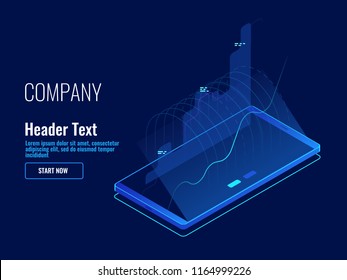 Graphics on the screen of a mobile phone, statistics and information processing, a program for Analytics, digital technology, isometric vector illustrate