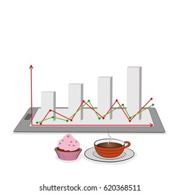 Graphics on the tablet. a cup of coffee. coffee break. recreation. vector illustration.