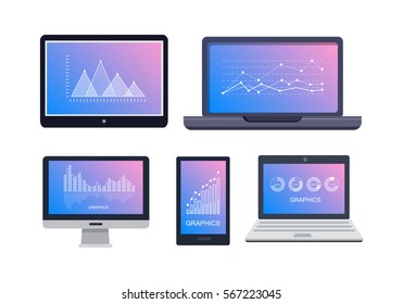 Graphics on technological equipments on white. Rising and falling column charts, triangular and round diagrams shown on gadgets displays. Vector poster of laptops, smartphone and computer screen