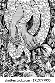 graphics picture of beautiful hands, snake, and tropical flowers