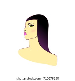 Graphics portrait with beautiful young attractive girl model for design Vector illustration. Cute face beautiful woman with long black hair on white isolated background