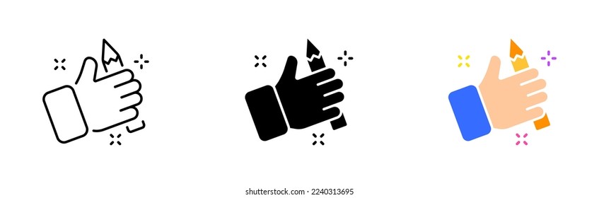 Graphics set icon. Creativity, creative occupation, compass, puzzle pieces, hand, brush, palette, three-dimensional cube, pen tool, draw, drawing, picture, frame, gear. Vector line icon